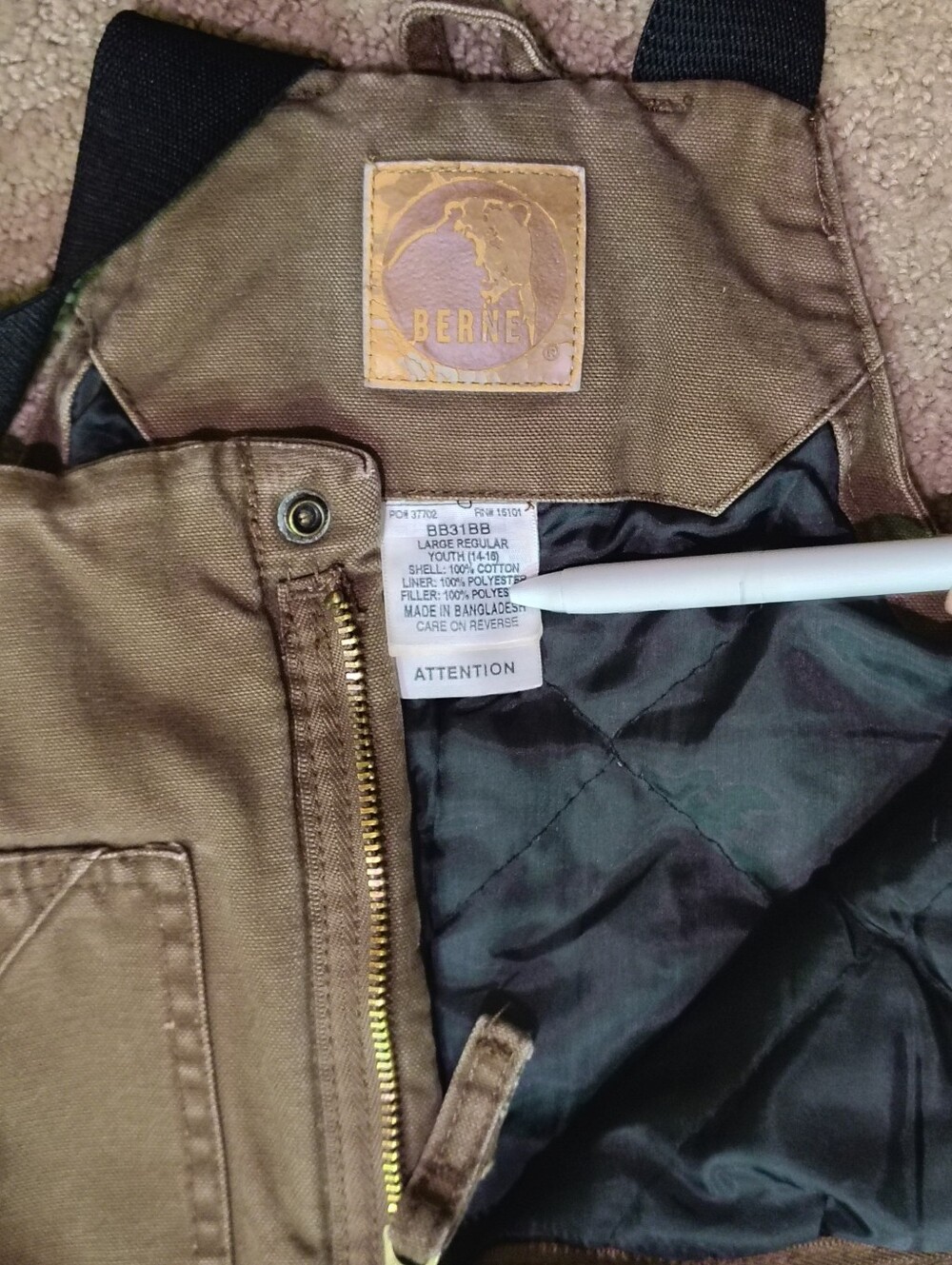 BERNE Insulated Bib Overall Brown Duck Canvas Zip Legs Youth Boys Large 14-16 - Picture 4 of 5